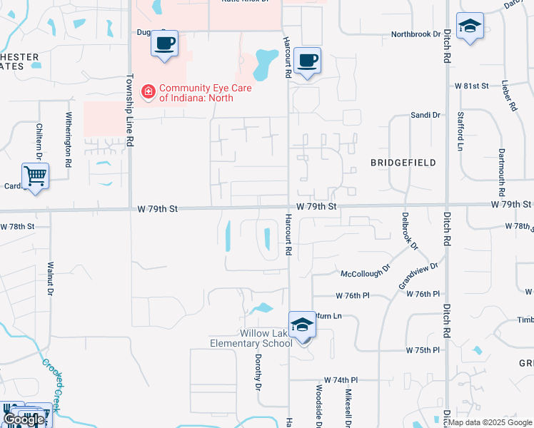 map of restaurants, bars, coffee shops, grocery stores, and more near 1932 Harcourt Springs Terrace in Indianapolis