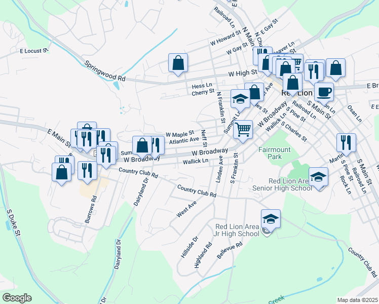 map of restaurants, bars, coffee shops, grocery stores, and more near 641 West Broadway in Red Lion