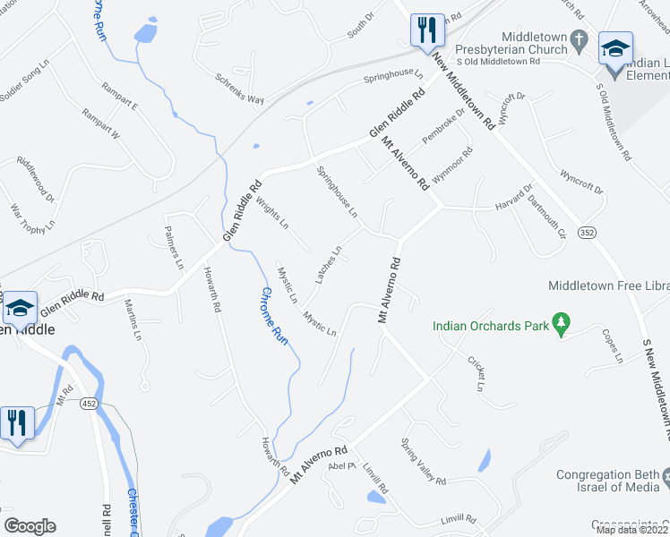 map of restaurants, bars, coffee shops, grocery stores, and more near 144 Latches Lane in Media