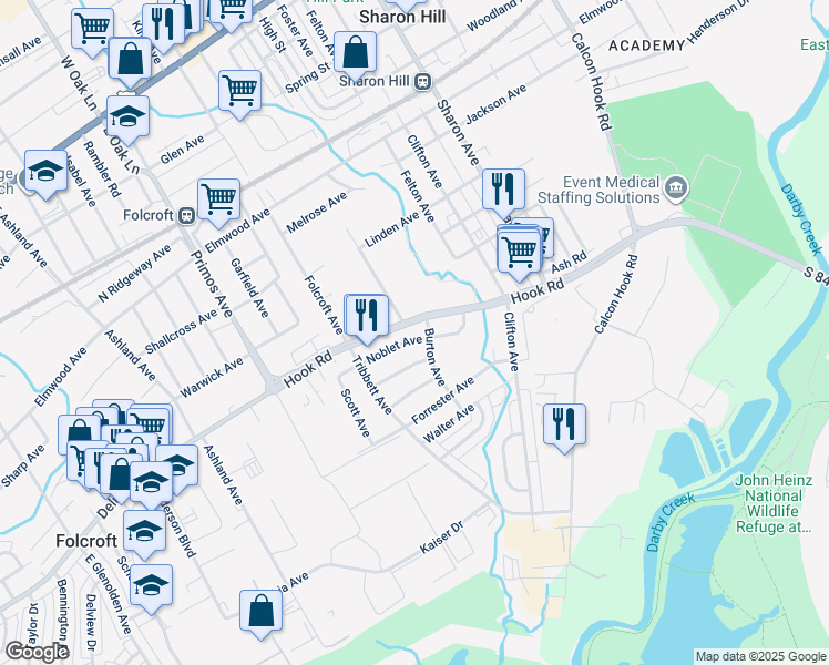 map of restaurants, bars, coffee shops, grocery stores, and more near 1516 Noblet Avenue in Sharon Hill