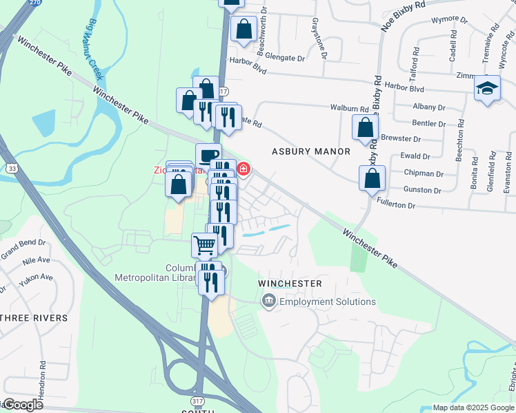 map of restaurants, bars, coffee shops, grocery stores, and more near 3820 Battersea Drive in Groveport