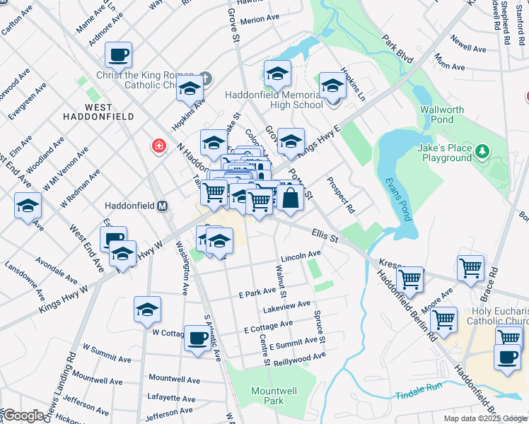 map of restaurants, bars, coffee shops, grocery stores, and more near 41 Ellis Street in Haddonfield