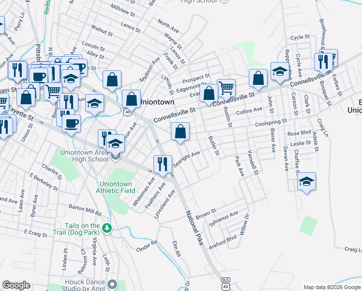 map of restaurants, bars, coffee shops, grocery stores, and more near 71 Mifflin Avenue in Uniontown