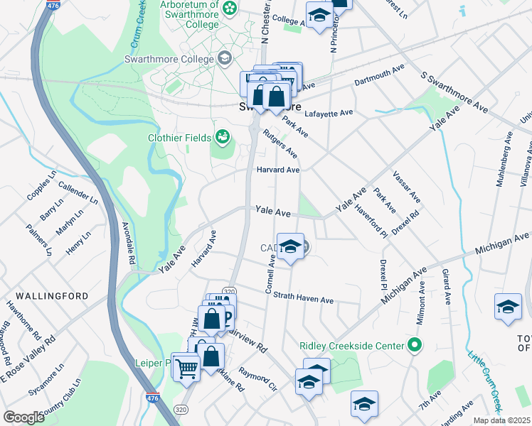 map of restaurants, bars, coffee shops, grocery stores, and more near 300 Cornell Avenue in Swarthmore