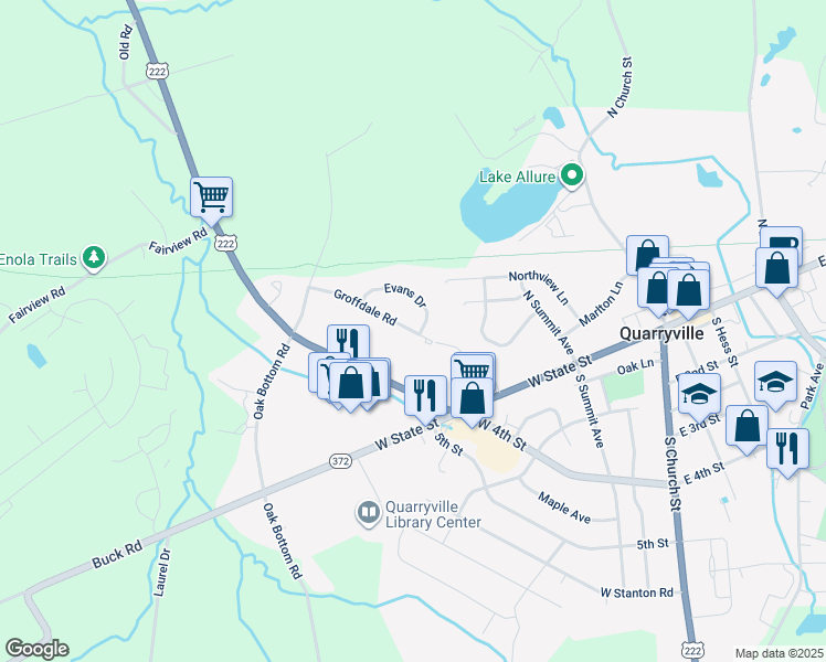 map of restaurants, bars, coffee shops, grocery stores, and more near 419 Groffdale Road in Quarryville