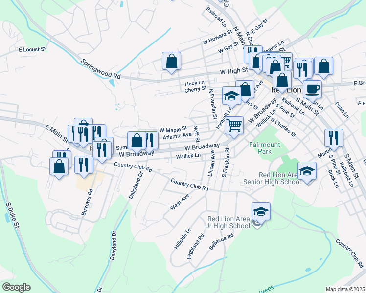 map of restaurants, bars, coffee shops, grocery stores, and more near 641 West Broadway in Red Lion