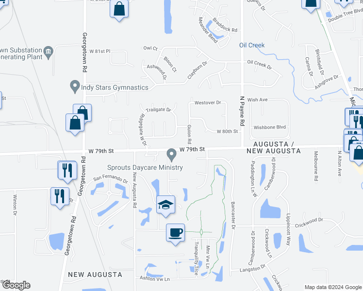 map of restaurants, bars, coffee shops, grocery stores, and more near 4222 West 79th Street in Indianapolis