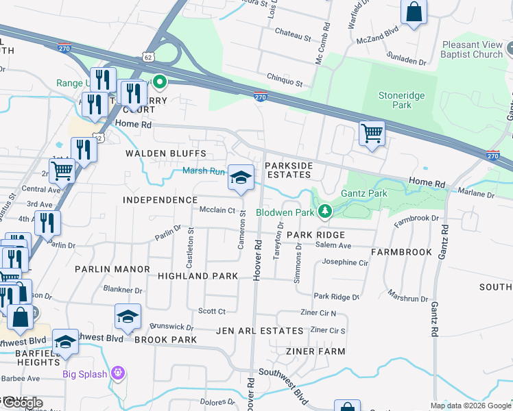 map of restaurants, bars, coffee shops, grocery stores, and more near 3247 Hoover Road in Grove City