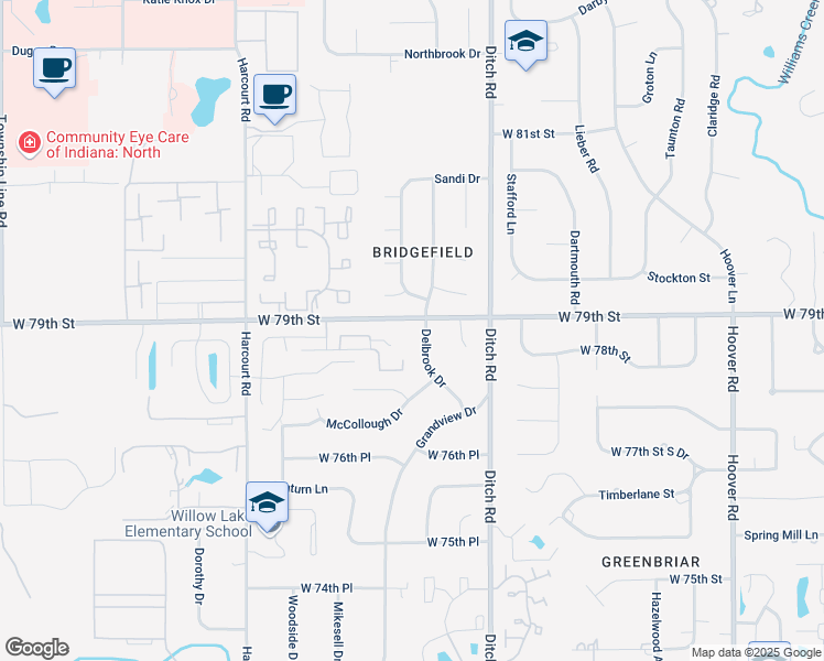 map of restaurants, bars, coffee shops, grocery stores, and more near 1533 West 79th Street in Indianapolis
