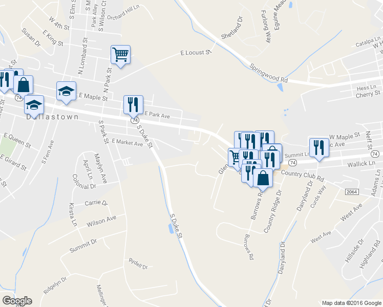 map of restaurants, bars, coffee shops, grocery stores, and more near 538 East Frederick Street in Dallastown