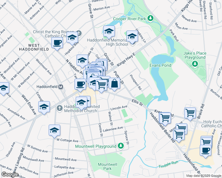 map of restaurants, bars, coffee shops, grocery stores, and more near 1 Snowden Avenue in Haddonfield