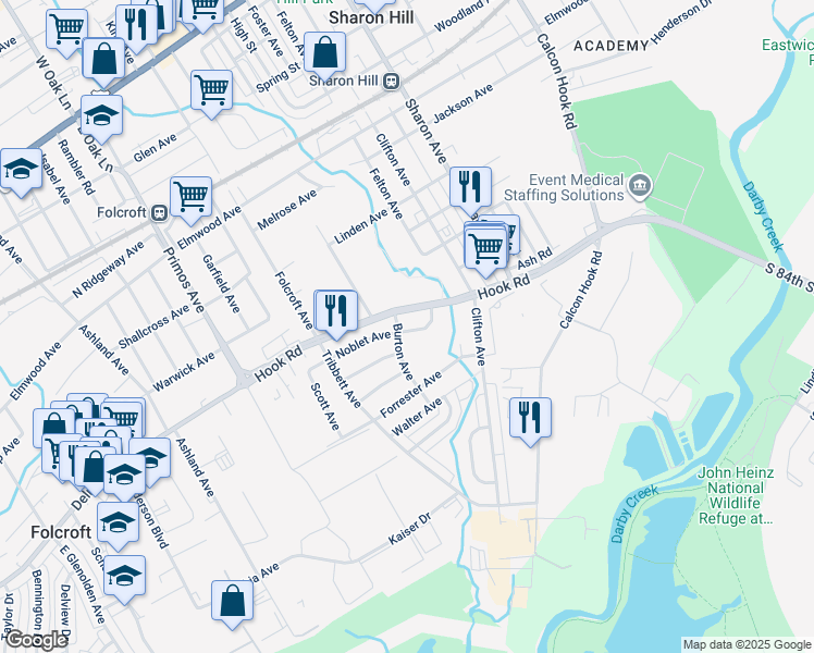 map of restaurants, bars, coffee shops, grocery stores, and more near 1011 Burton Avenue in Sharon Hill