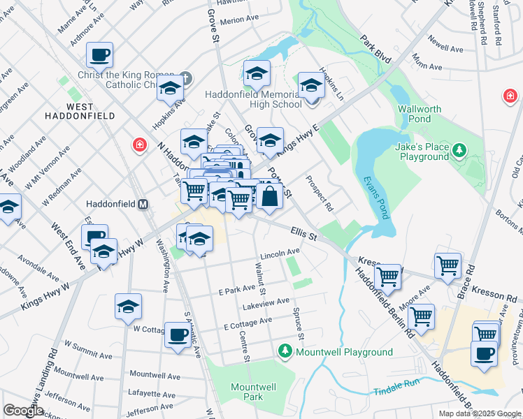 map of restaurants, bars, coffee shops, grocery stores, and more near 1 Snowden Avenue in Haddonfield