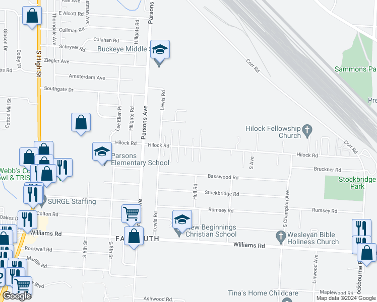 map of restaurants, bars, coffee shops, grocery stores, and more near 3202 D Avenue in Columbus