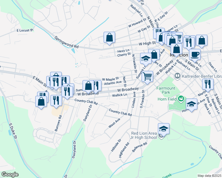 map of restaurants, bars, coffee shops, grocery stores, and more near 665 W Broadway in Red Lion