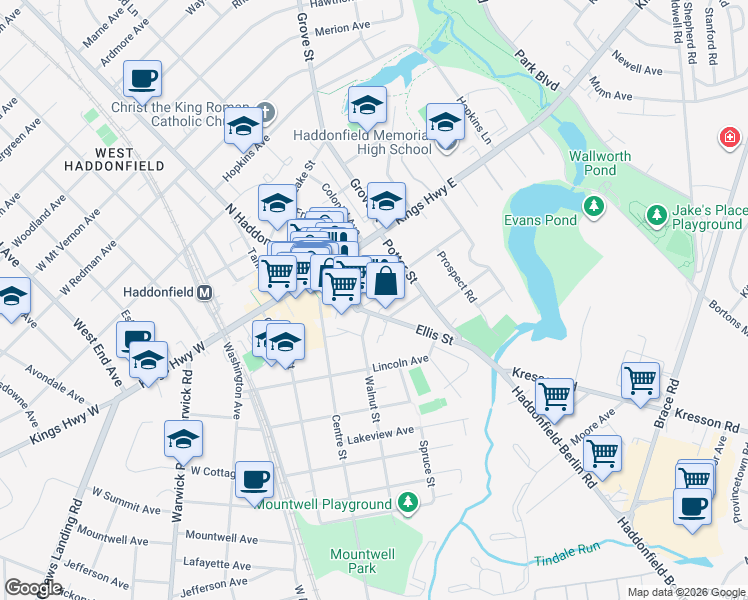 map of restaurants, bars, coffee shops, grocery stores, and more near 1 Snowden Avenue in Haddonfield
