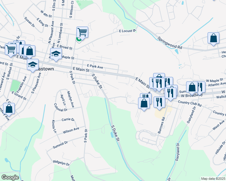 map of restaurants, bars, coffee shops, grocery stores, and more near 528 East Frederick Street in Dallastown