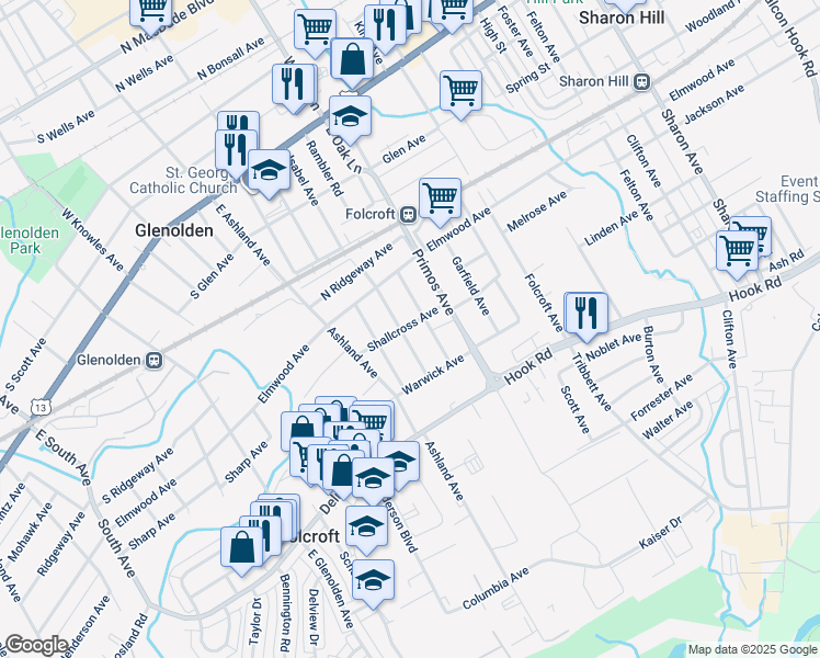 map of restaurants, bars, coffee shops, grocery stores, and more near 501 Charmont Avenue in Folcroft