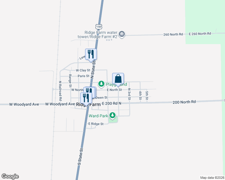 map of restaurants, bars, coffee shops, grocery stores, and more near 146 East North Street in Ridge Farm