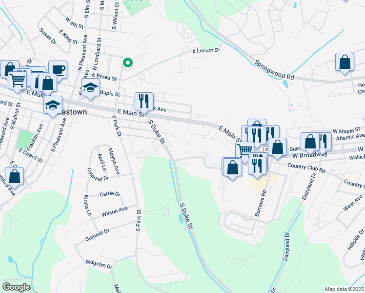 map of restaurants, bars, coffee shops, grocery stores, and more near 526 East Frederick Street in Dallastown