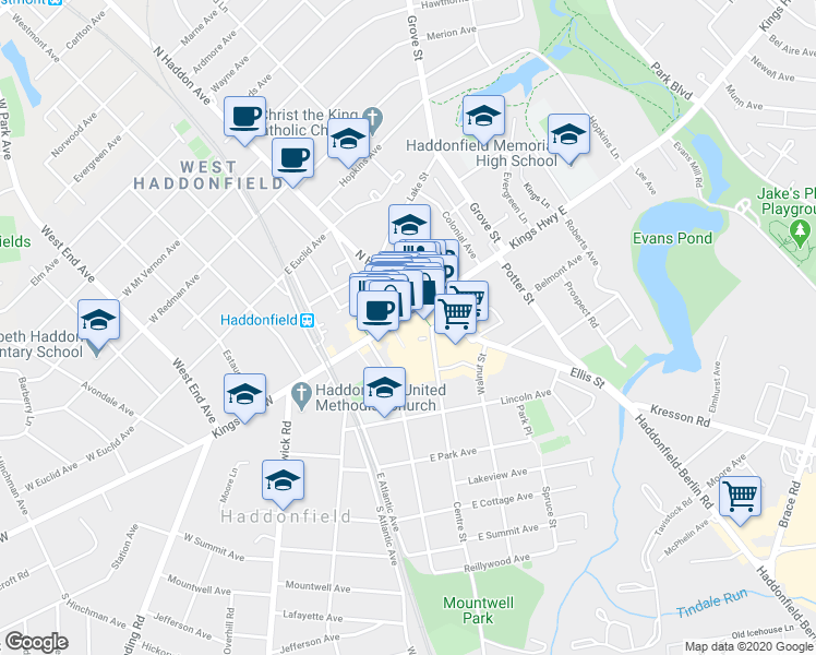 map of restaurants, bars, coffee shops, grocery stores, and more near 124 Kings Highway East in Haddonfield