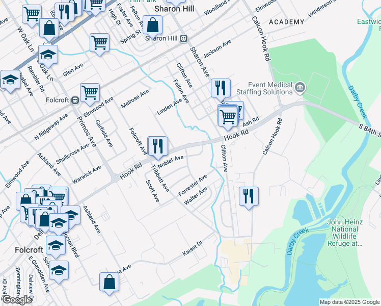 map of restaurants, bars, coffee shops, grocery stores, and more near 1011 Burton Avenue in Sharon Hill