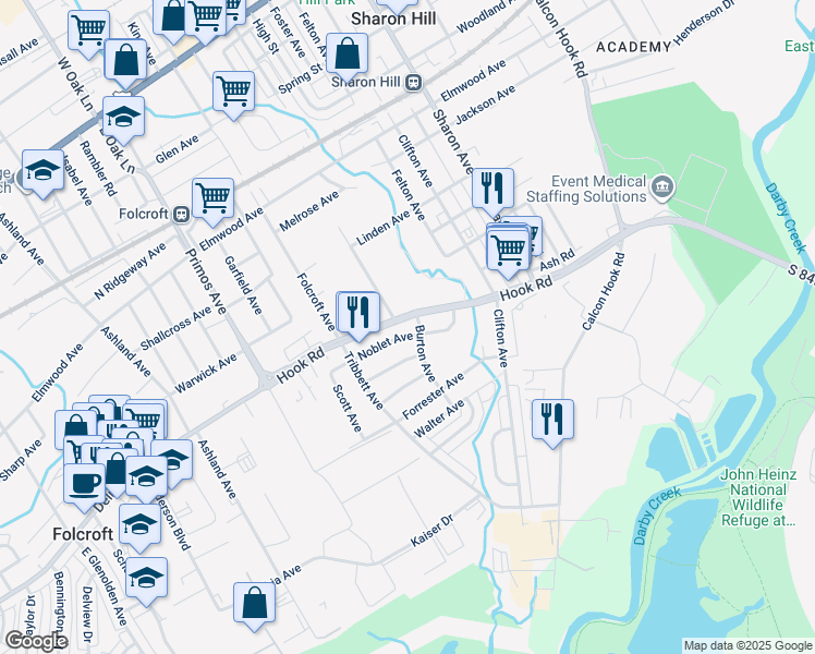 map of restaurants, bars, coffee shops, grocery stores, and more near 1516 Noblet Avenue in Sharon Hill