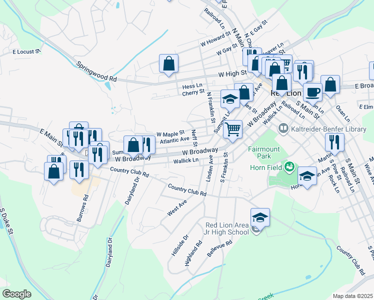 map of restaurants, bars, coffee shops, grocery stores, and more near 621 West Broadway in Red Lion