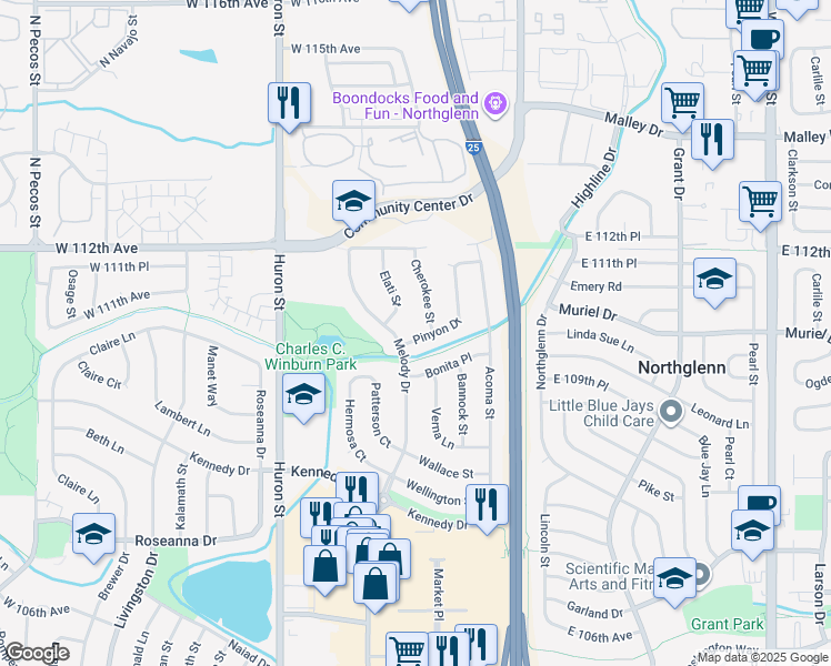 map of restaurants, bars, coffee shops, grocery stores, and more near 11042 Pinyon Drive in Northglenn