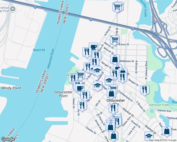 map of restaurants, bars, coffee shops, grocery stores, and more near 208 Ridgeway Street in Gloucester City