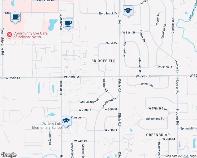 map of restaurants, bars, coffee shops, grocery stores, and more near 1533 West 79th Street in Indianapolis