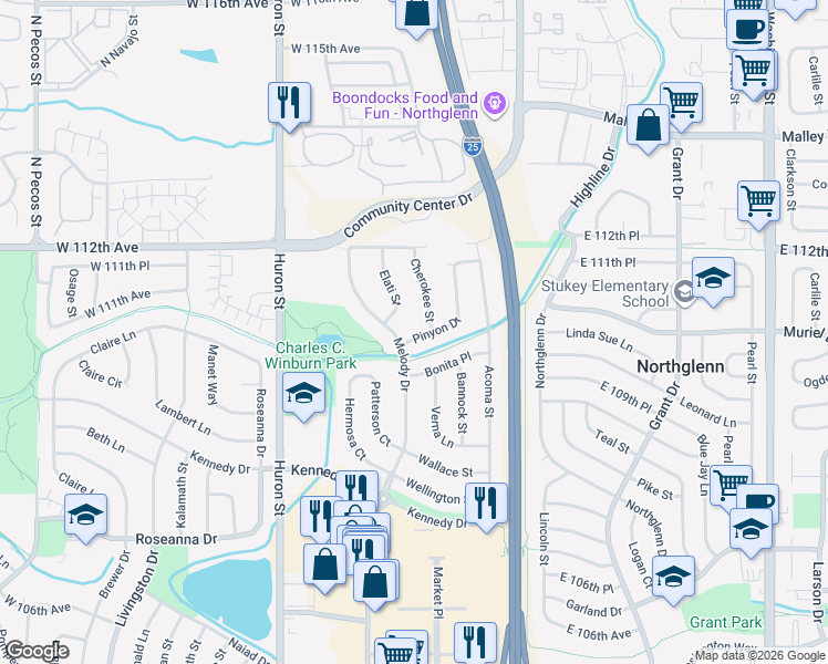 map of restaurants, bars, coffee shops, grocery stores, and more near 11042 Pinyon Drive in Northglenn