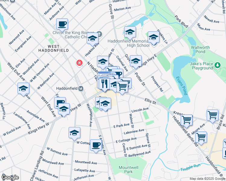 map of restaurants, bars, coffee shops, grocery stores, and more near 124 Kings Highway East in Haddonfield