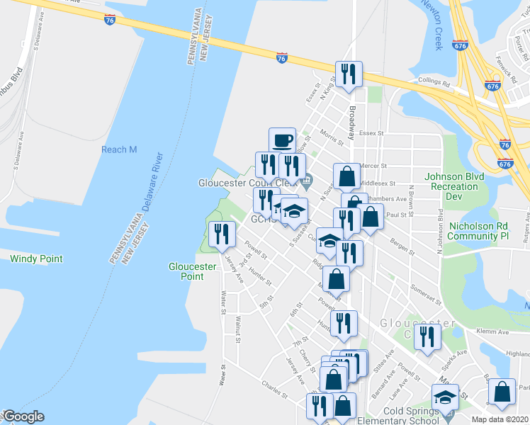 map of restaurants, bars, coffee shops, grocery stores, and more near 208 Ridgeway Street in Gloucester City