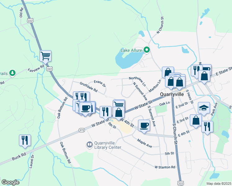 map of restaurants, bars, coffee shops, grocery stores, and more near 123 Groffdale Road in Quarryville