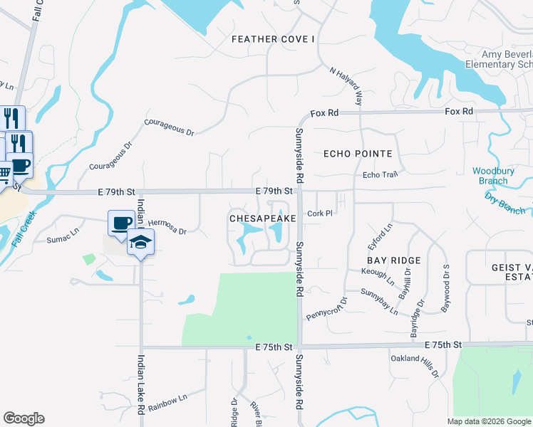 map of restaurants, bars, coffee shops, grocery stores, and more near 10734 Chesapeake Drive North in Indianapolis