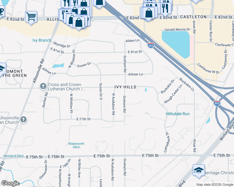 map of restaurants, bars, coffee shops, grocery stores, and more near 7834 North Audubon Road in Indianapolis