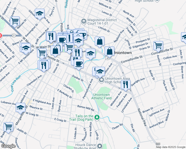map of restaurants, bars, coffee shops, grocery stores, and more near 90 East Fayette Street in Uniontown