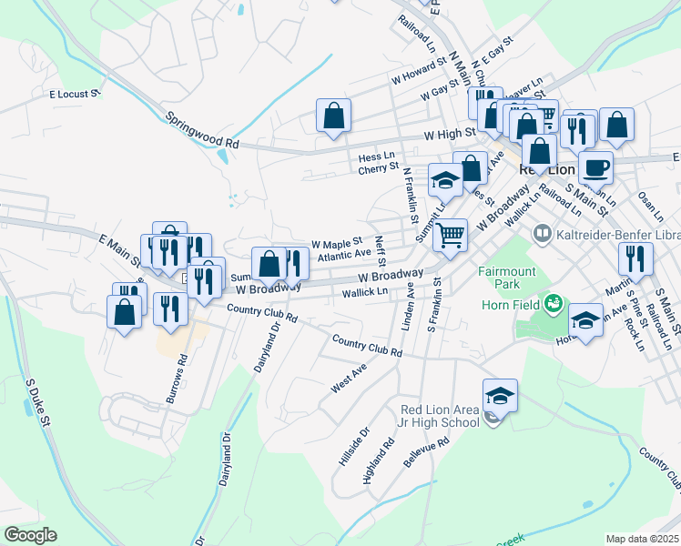 map of restaurants, bars, coffee shops, grocery stores, and more near 665 W Broadway in Red Lion