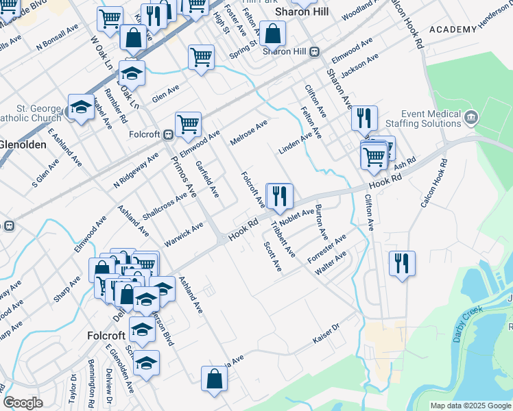 map of restaurants, bars, coffee shops, grocery stores, and more near 1530 Delmar Drive in Folcroft