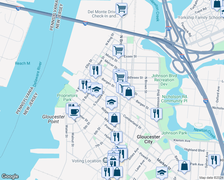 map of restaurants, bars, coffee shops, grocery stores, and more near 419 Monmouth Street in Gloucester City