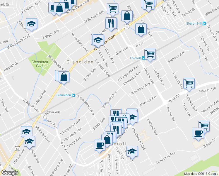 map of restaurants, bars, coffee shops, grocery stores, and more near 18 South Elmwood Avenue in Glenolden