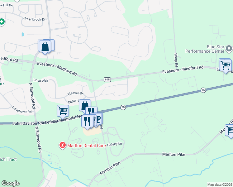 map of restaurants, bars, coffee shops, grocery stores, and more near 2603 Delancey Way in Evesham