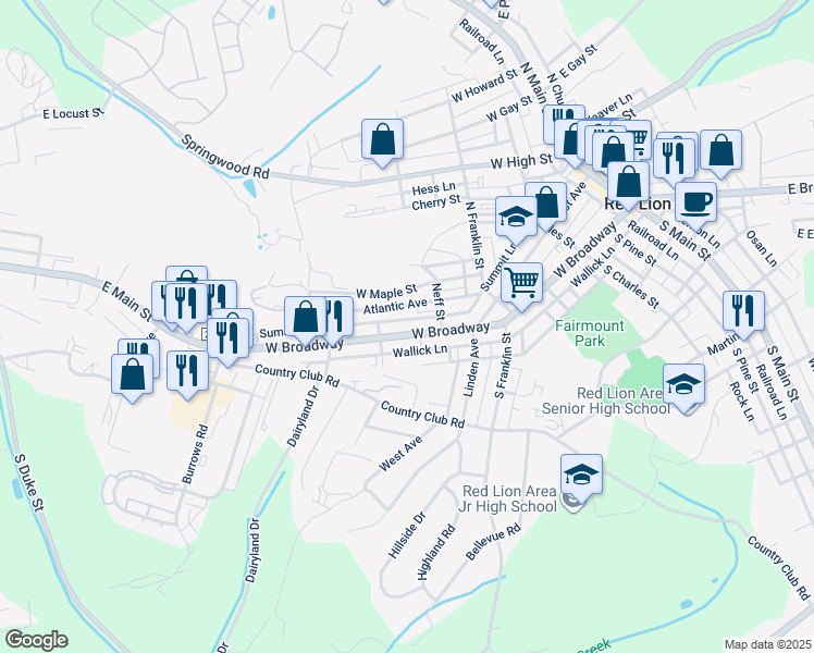 map of restaurants, bars, coffee shops, grocery stores, and more near 659 West Broadway in Red Lion