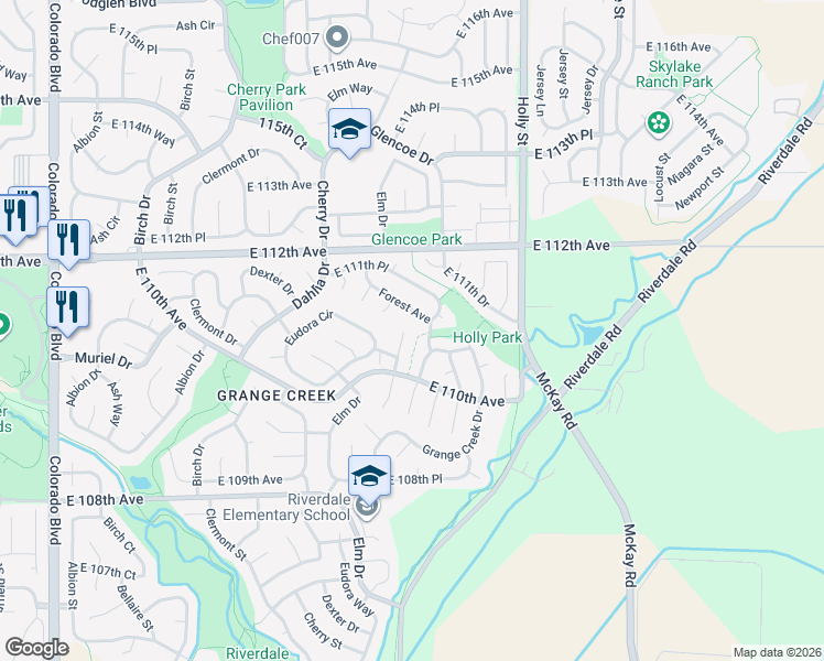 map of restaurants, bars, coffee shops, grocery stores, and more near 11082 Fairfax Circle in Thornton