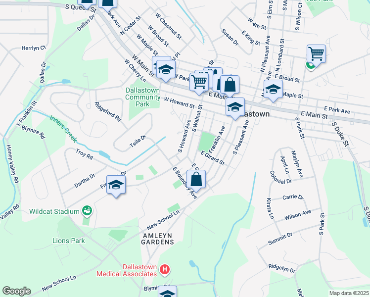 map of restaurants, bars, coffee shops, grocery stores, and more near 266 South Walnut Street in Dallastown