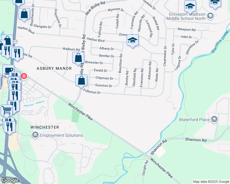map of restaurants, bars, coffee shops, grocery stores, and more near 5146 Fullerton Drive in Columbus