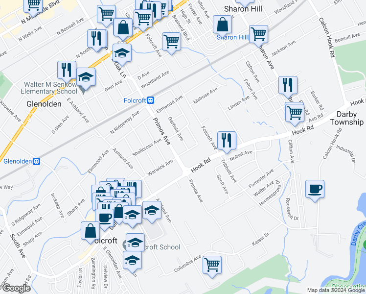 map of restaurants, bars, coffee shops, grocery stores, and more near 524 Garfield Avenue in Folcroft