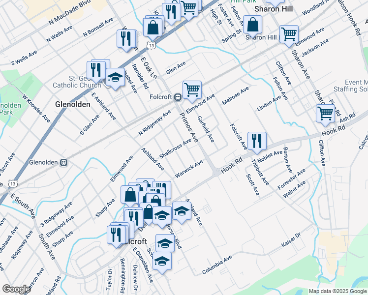 map of restaurants, bars, coffee shops, grocery stores, and more near 506 Crotzer Avenue in Folcroft