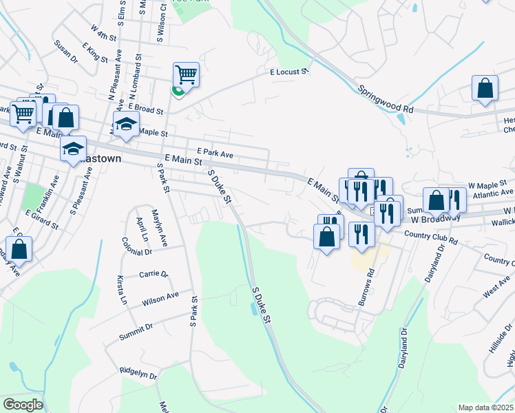 map of restaurants, bars, coffee shops, grocery stores, and more near 526 East Frederick Street in Dallastown